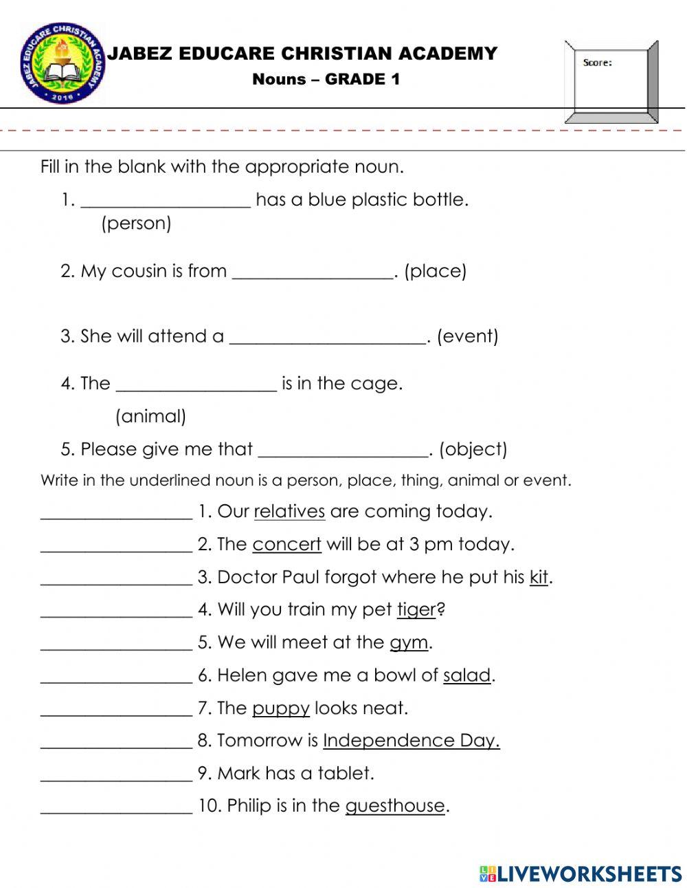 Nouns Online Exercise For Grade 1 Live Worksheets nouns-online-exercise-for-grade-1-live-worksheets