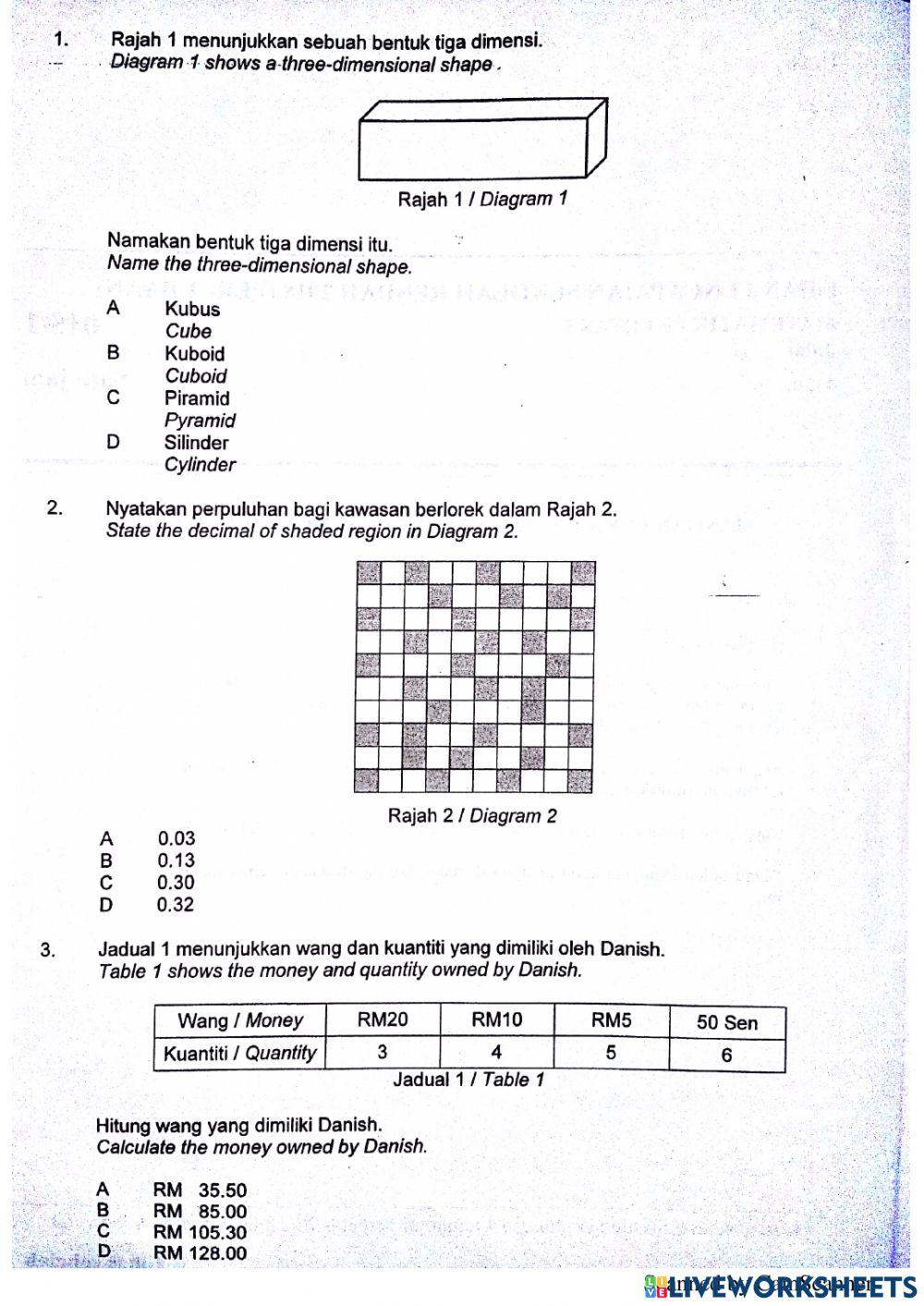 Soalan percubaan matematik kertas 1
