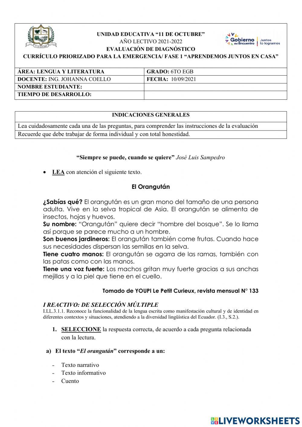 Evaluacion de Diagnostico Lengua y Literatura