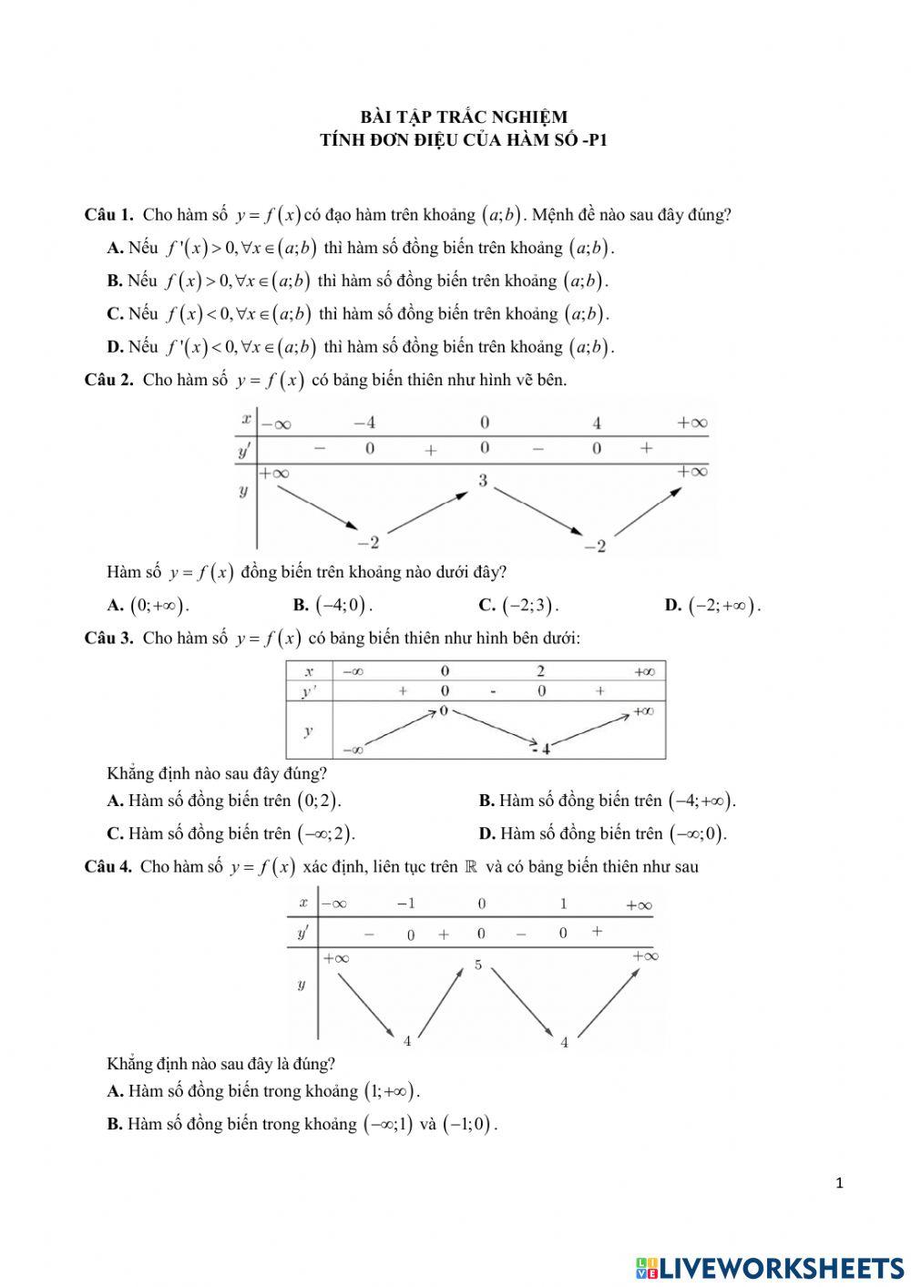 Bài tập trắc nghiệm-Tính đơn điệu của hàm số