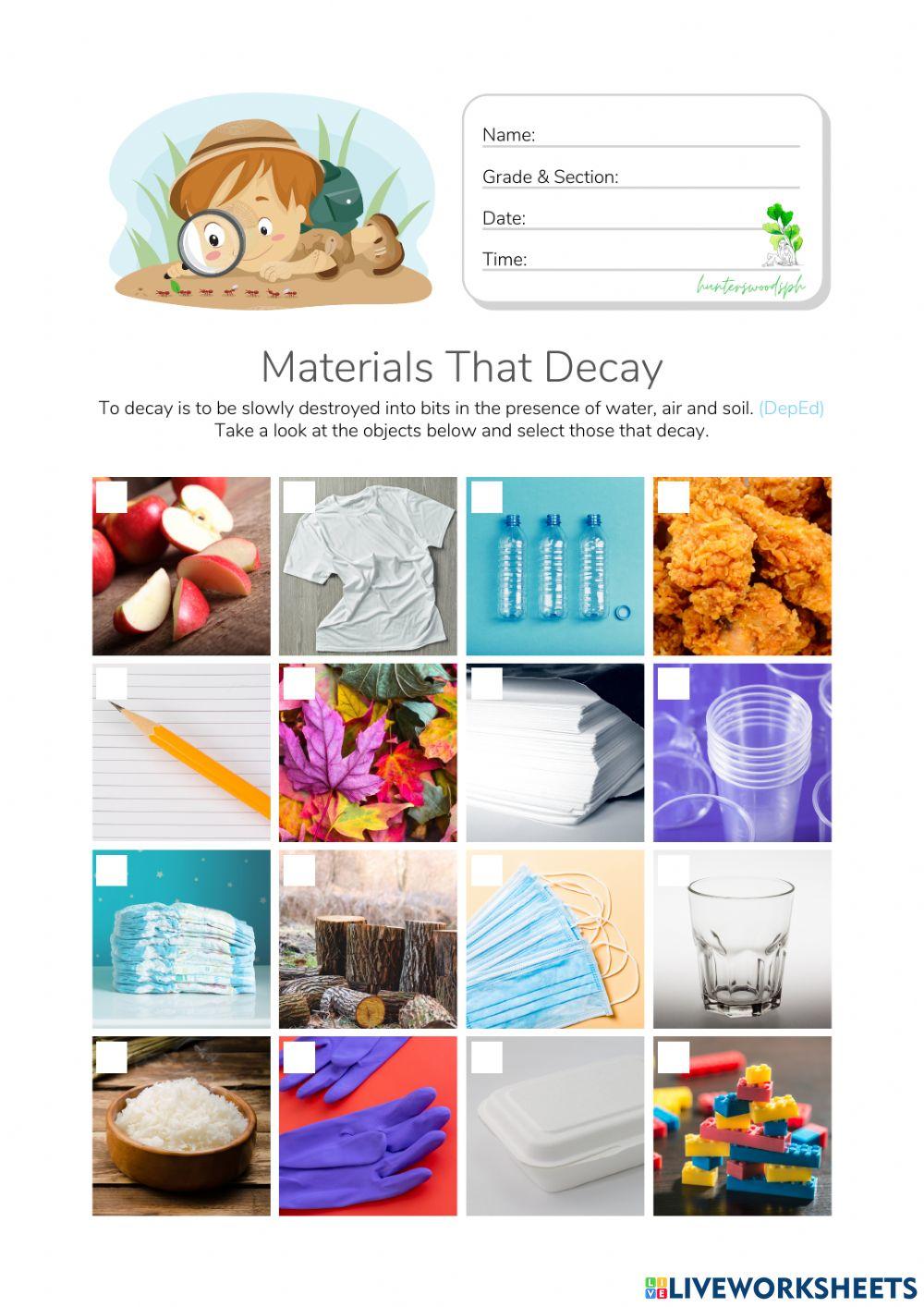 Materials That Undergo Decay - HuntersWoodsPH.com Worksheet