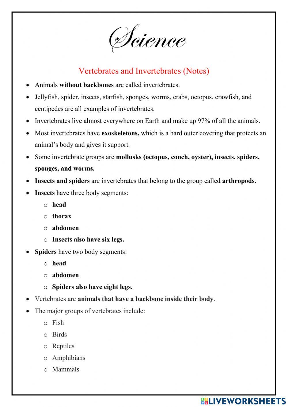 Vertebrates and Invertebrates Notes
