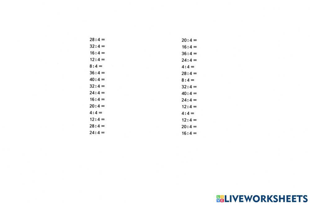 Деление на 4 worksheet | Live Worksheets