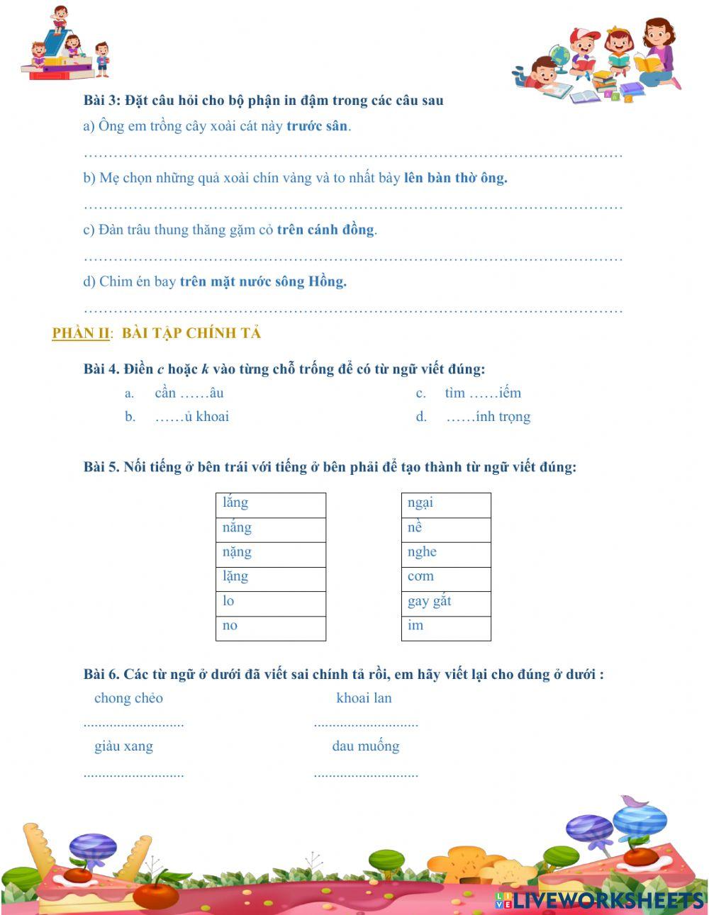 Phiếu bài tập khảo sát môn Tiếng Việt