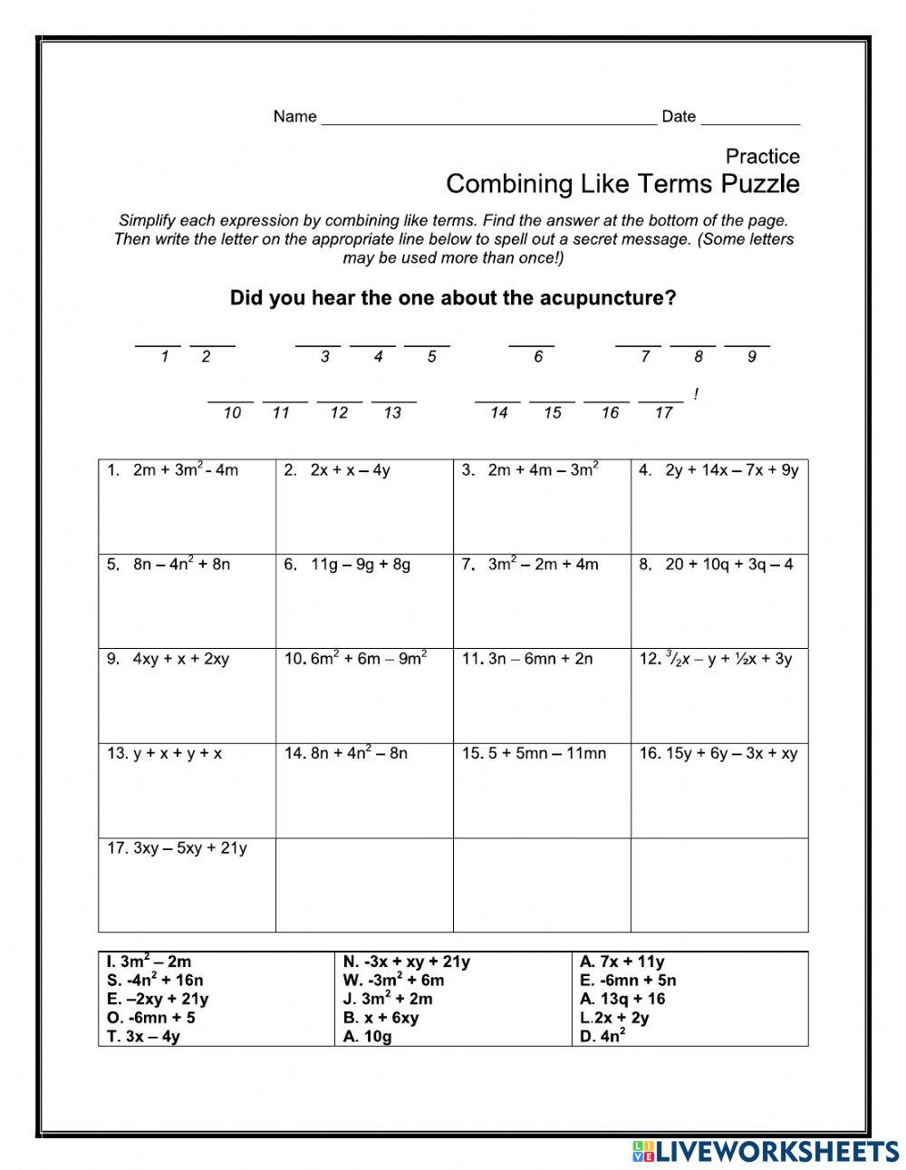 Combining Like Terms Puzzle online exercise for | Live Worksheets