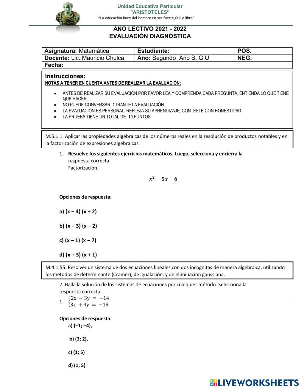 Diagnostico matematica segundo