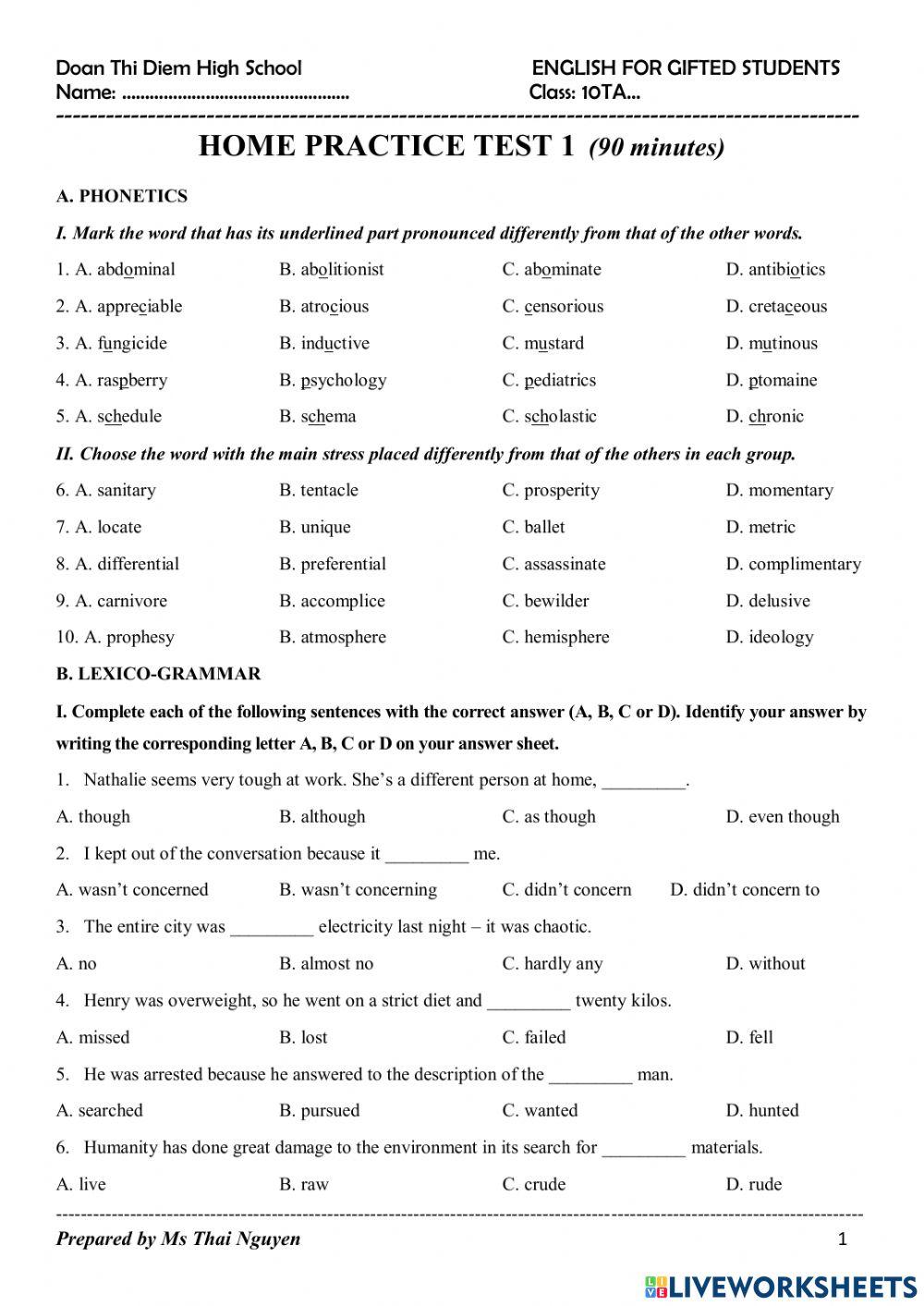 Home practice test 01 Home practice test 01