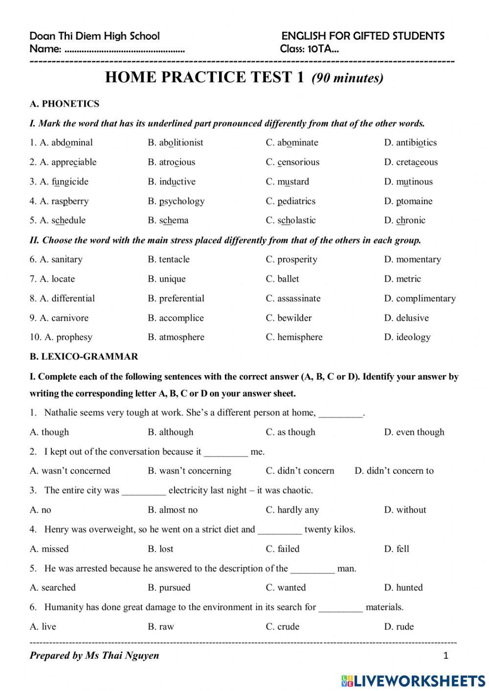 Home practice test 01