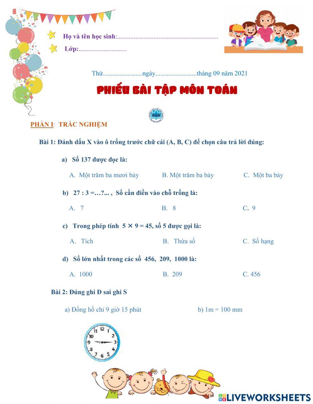 Phiếu bài tập cuối tuần môn Toán