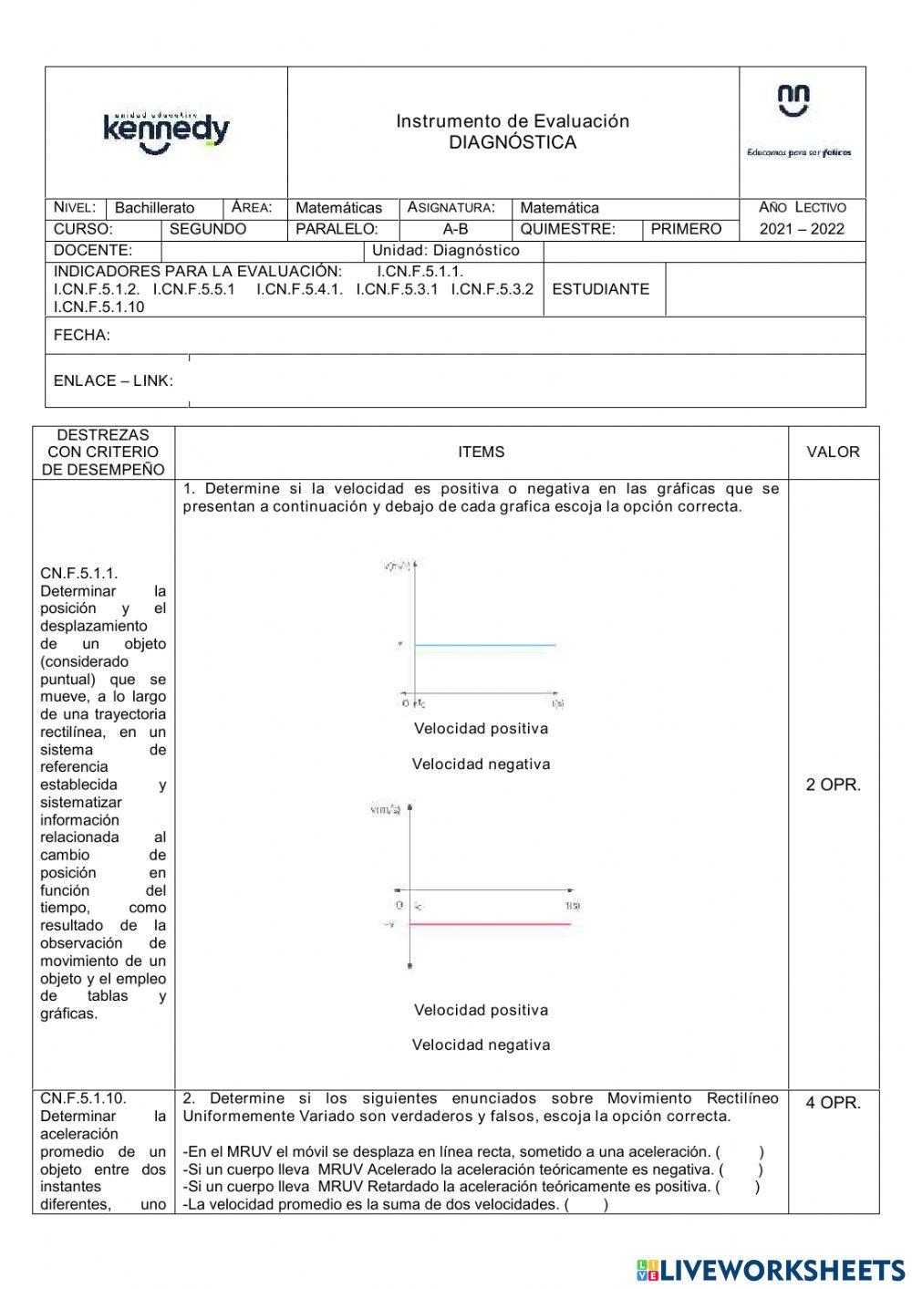 Prueba de Dianóstico 2do Bachillerato Física