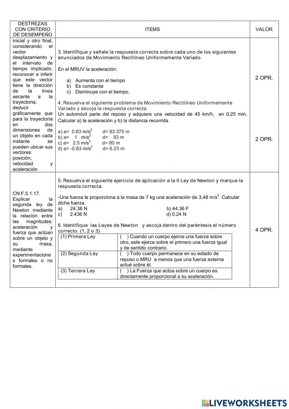 Prueba de Dianóstico 2do Bachillerato Física