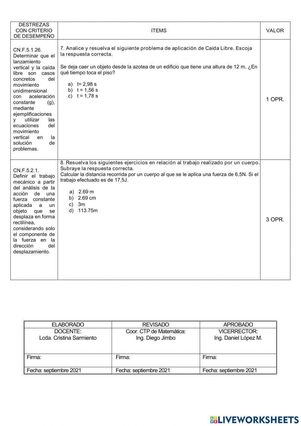 Prueba de Dianóstico 2do Bachillerato Física