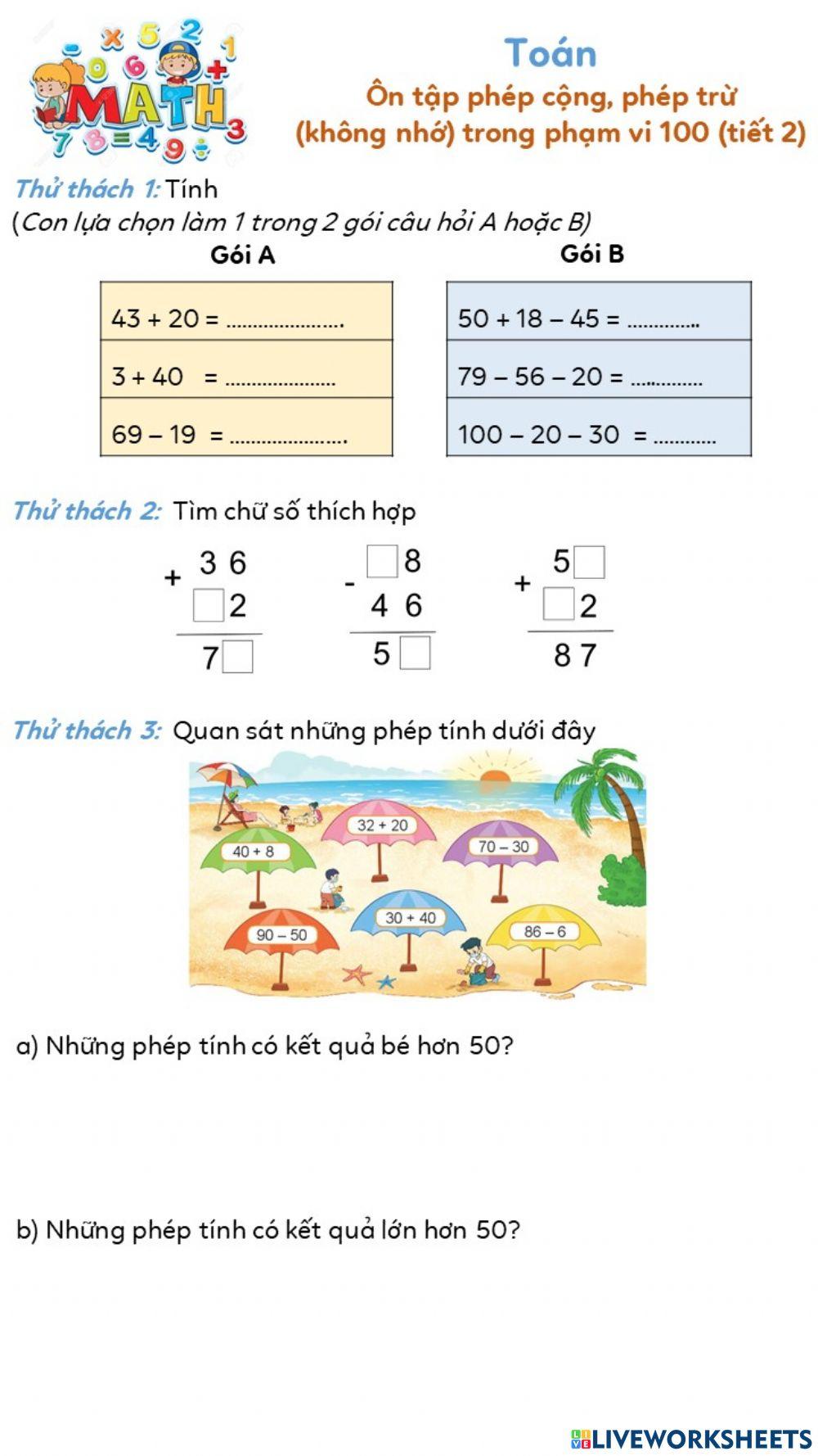Ôn tập phép cộng, phép trừ  (không nhớ) trong phạm vi 100 (tiết 2)
