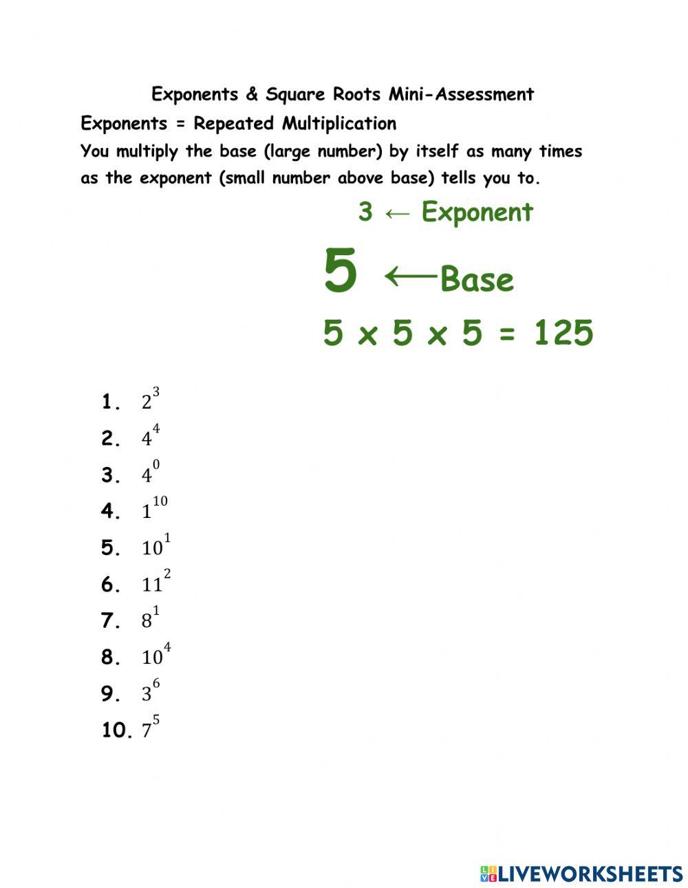 Exponents & Square Root Mini-Assessment