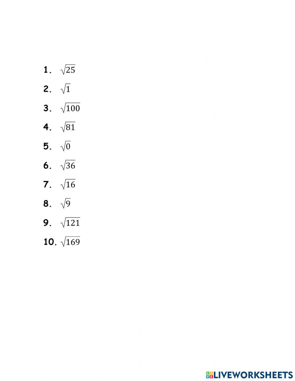 Exponents & Square Root Mini-Assessment