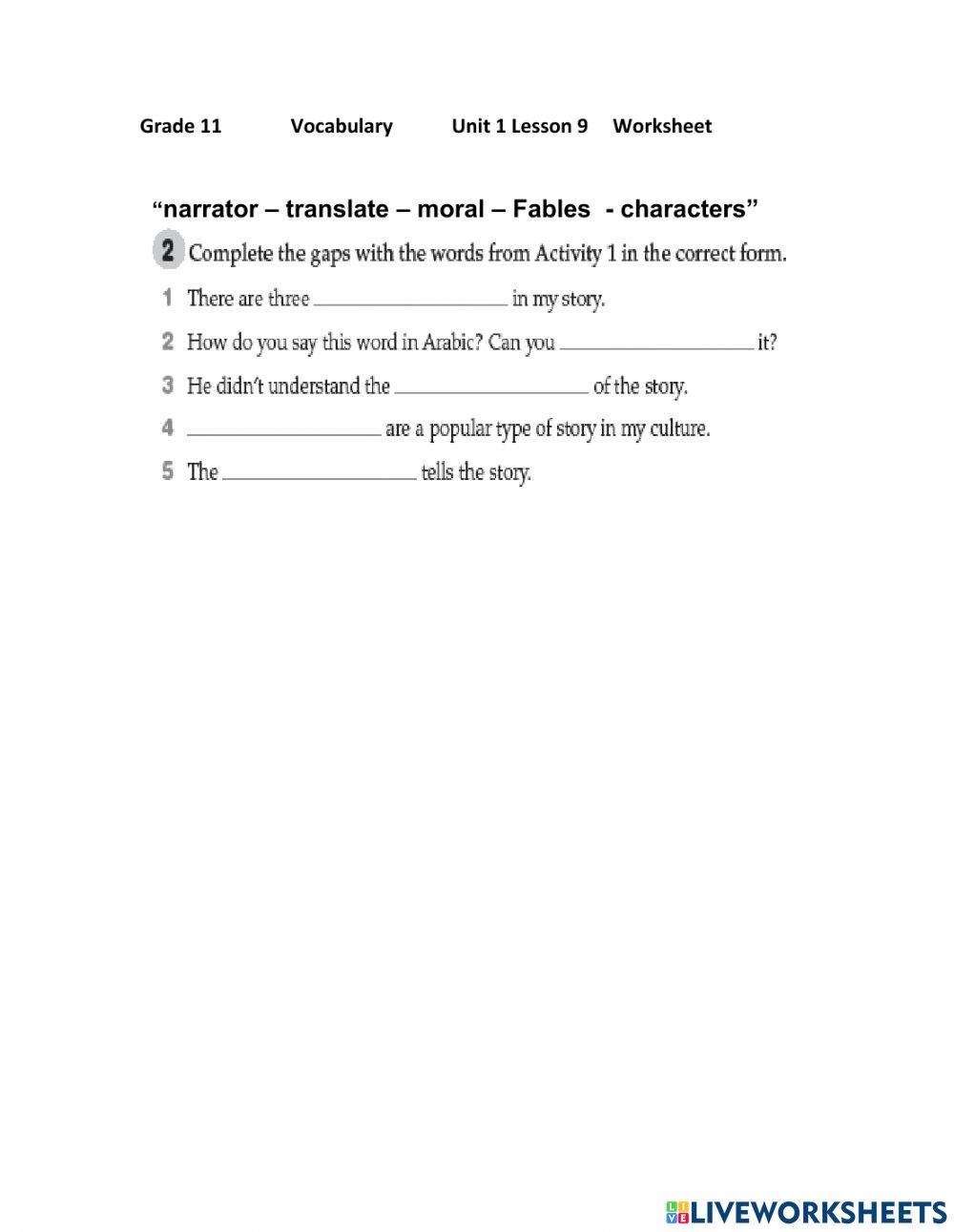 Unit 1 lesson 9 activity live worksheets