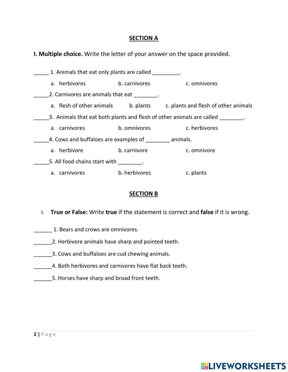 Practice Worksheet 1 Eating Habits of Animals