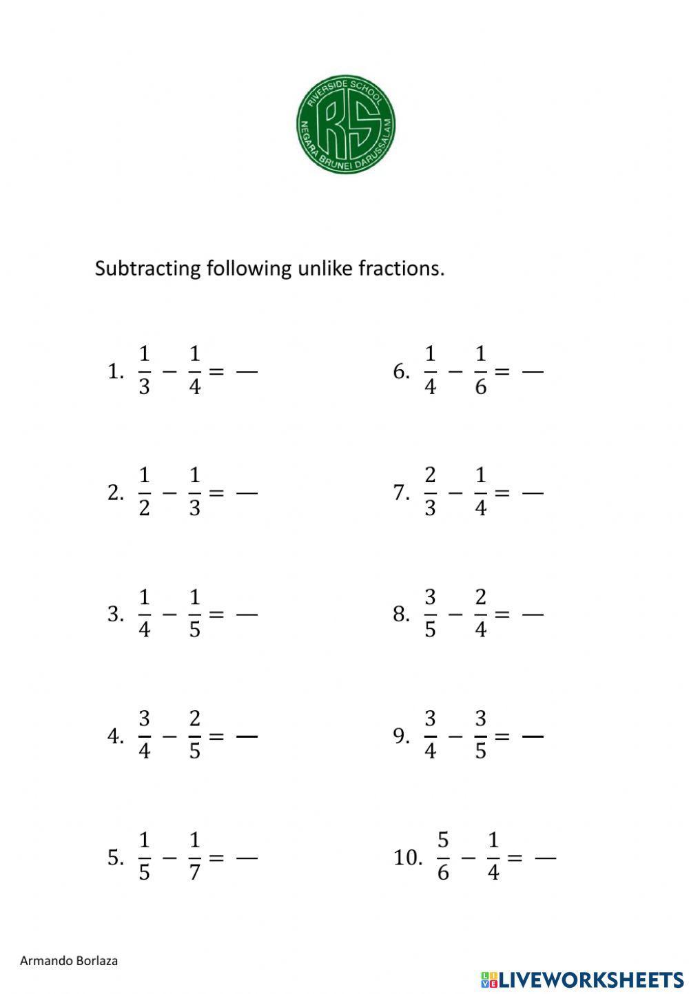 Subtracting Unlike Fractions Subtracting Unlike Fractions