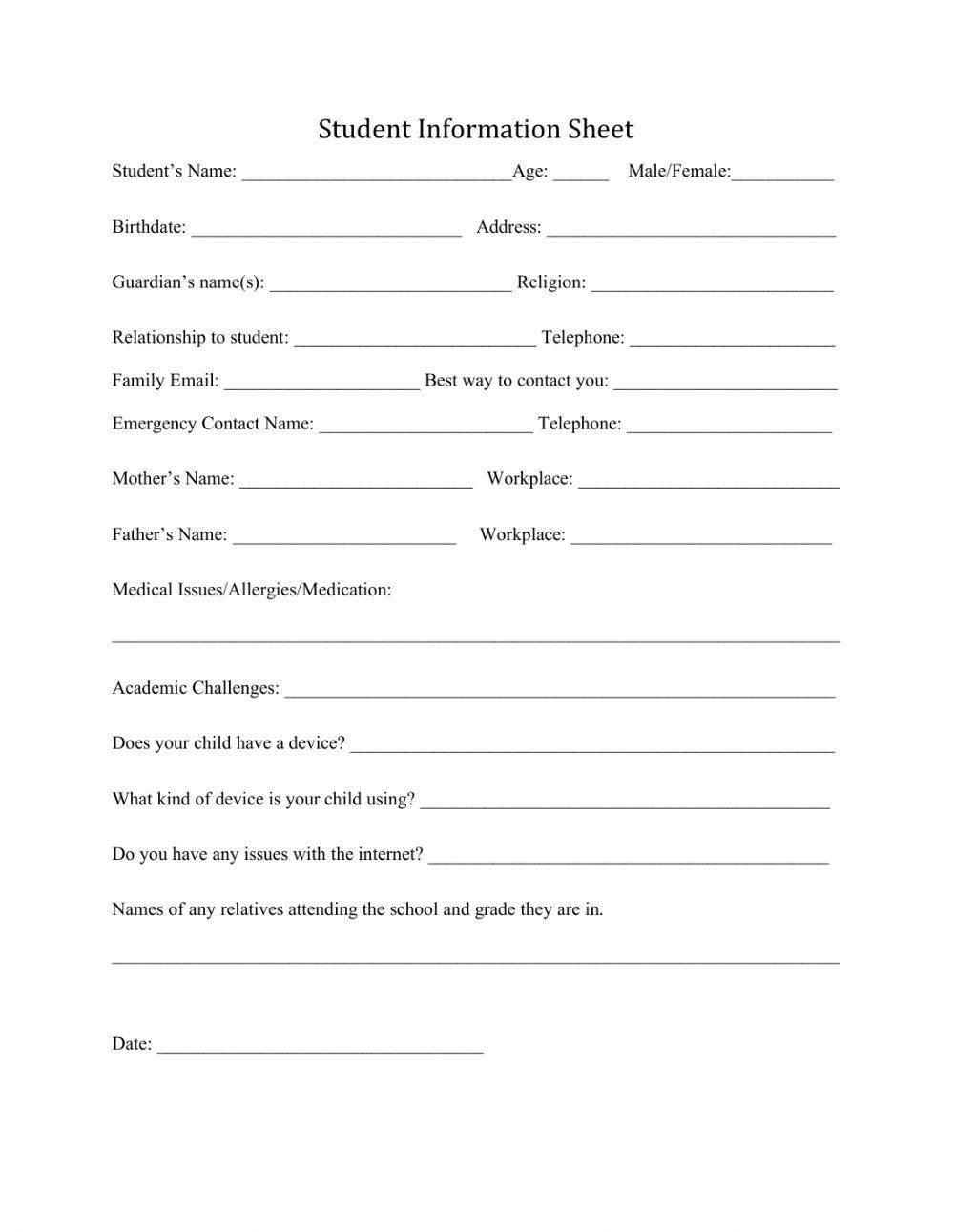 Student Information Sheet activity Live Worksheets