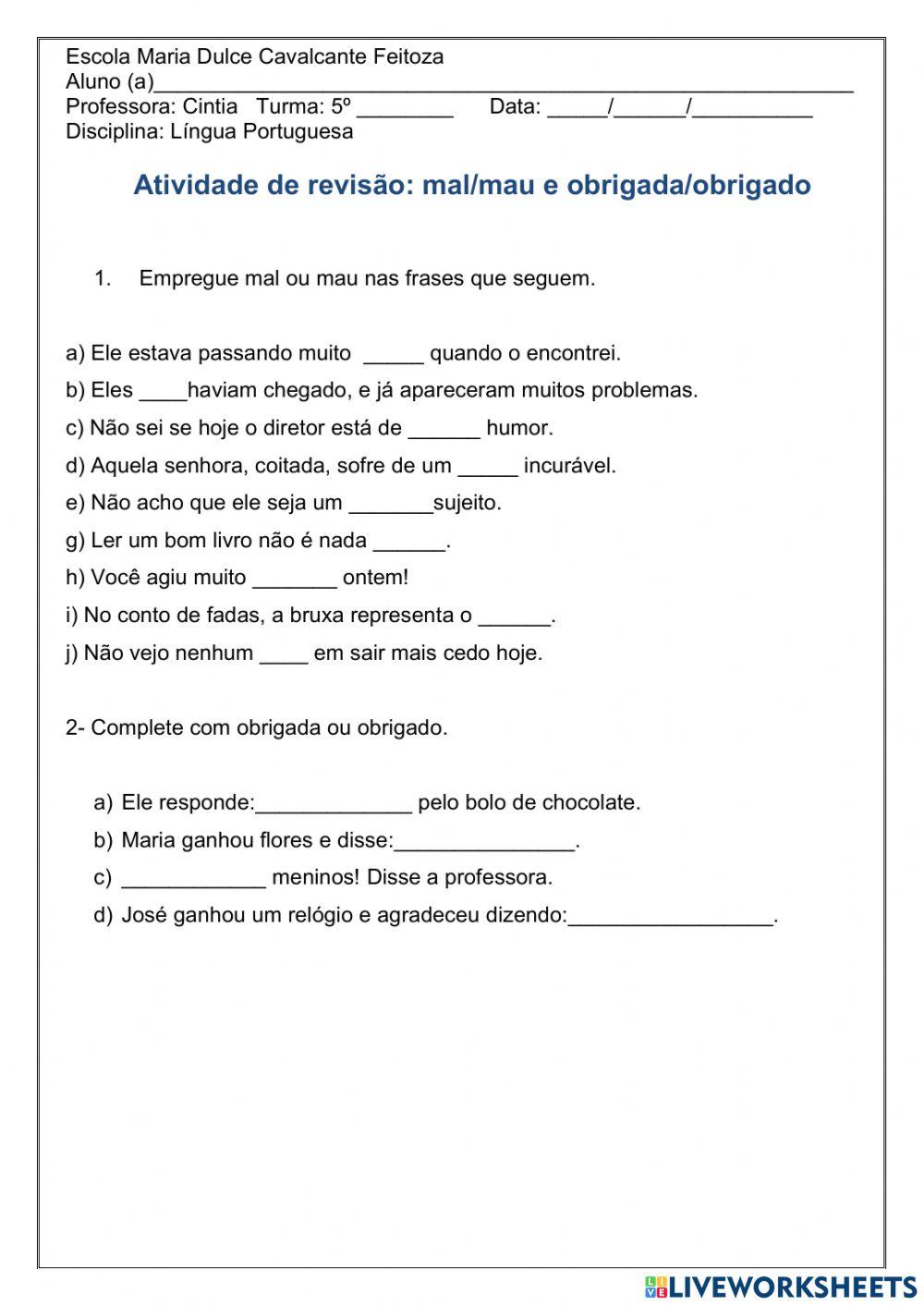 Ortografia mal mau e obrigado obrigada worksheet live worksheets