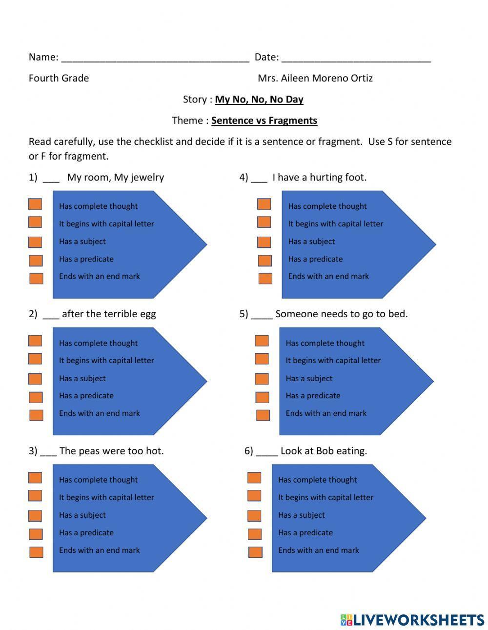 Sentence Vs Fragments worksheet Live Worksheets