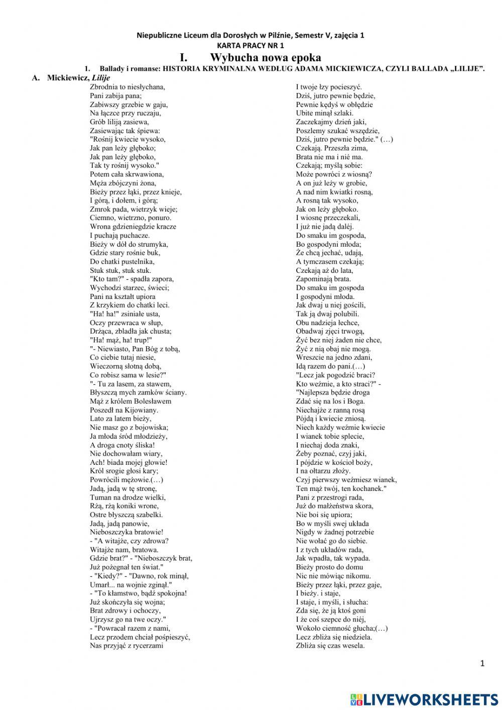 Liceum dla dorosłych w Pilźnie, semestr V, zajęcia 1