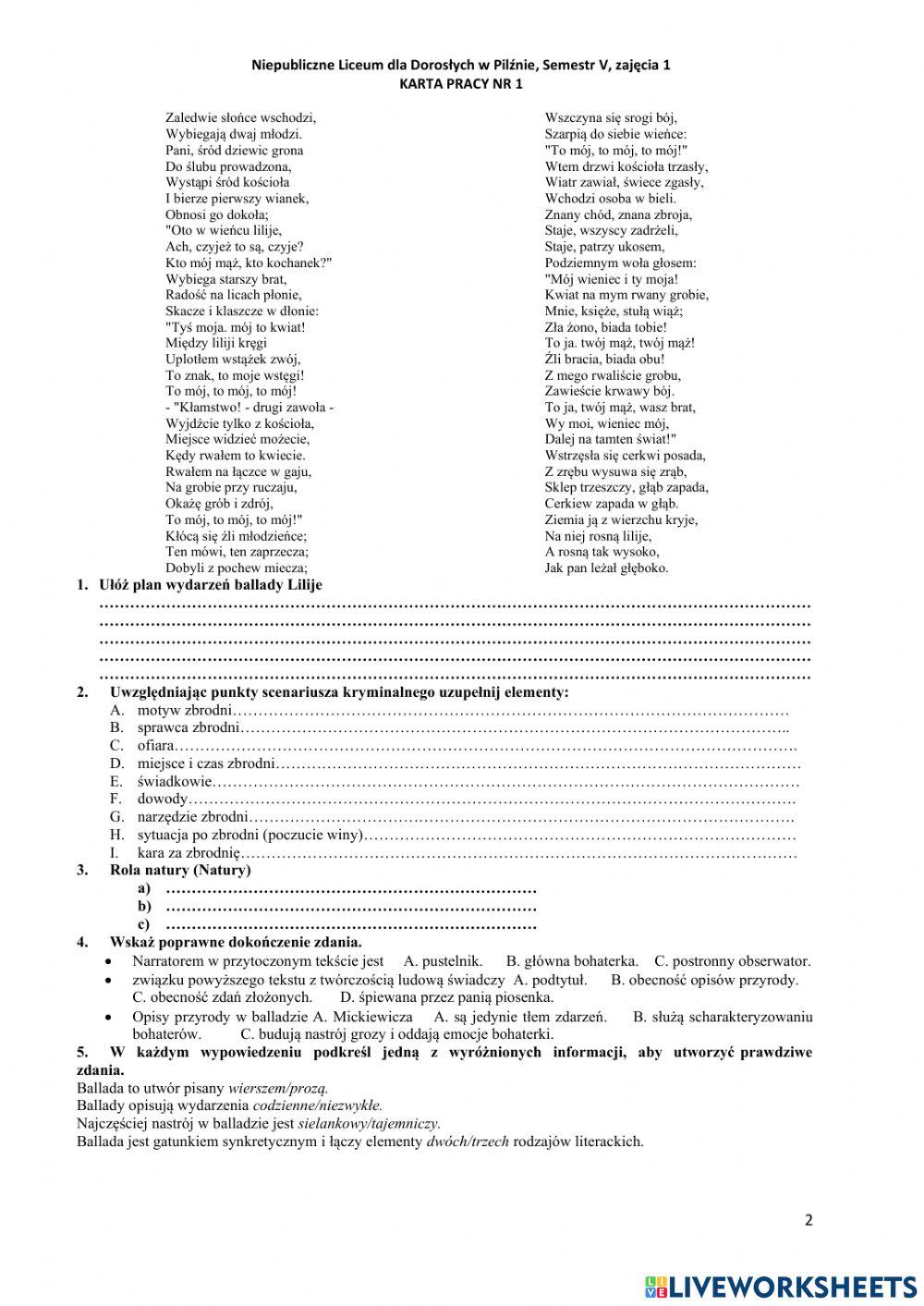 Liceum dla dorosłych w Pilźnie, semestr V, zajęcia 1