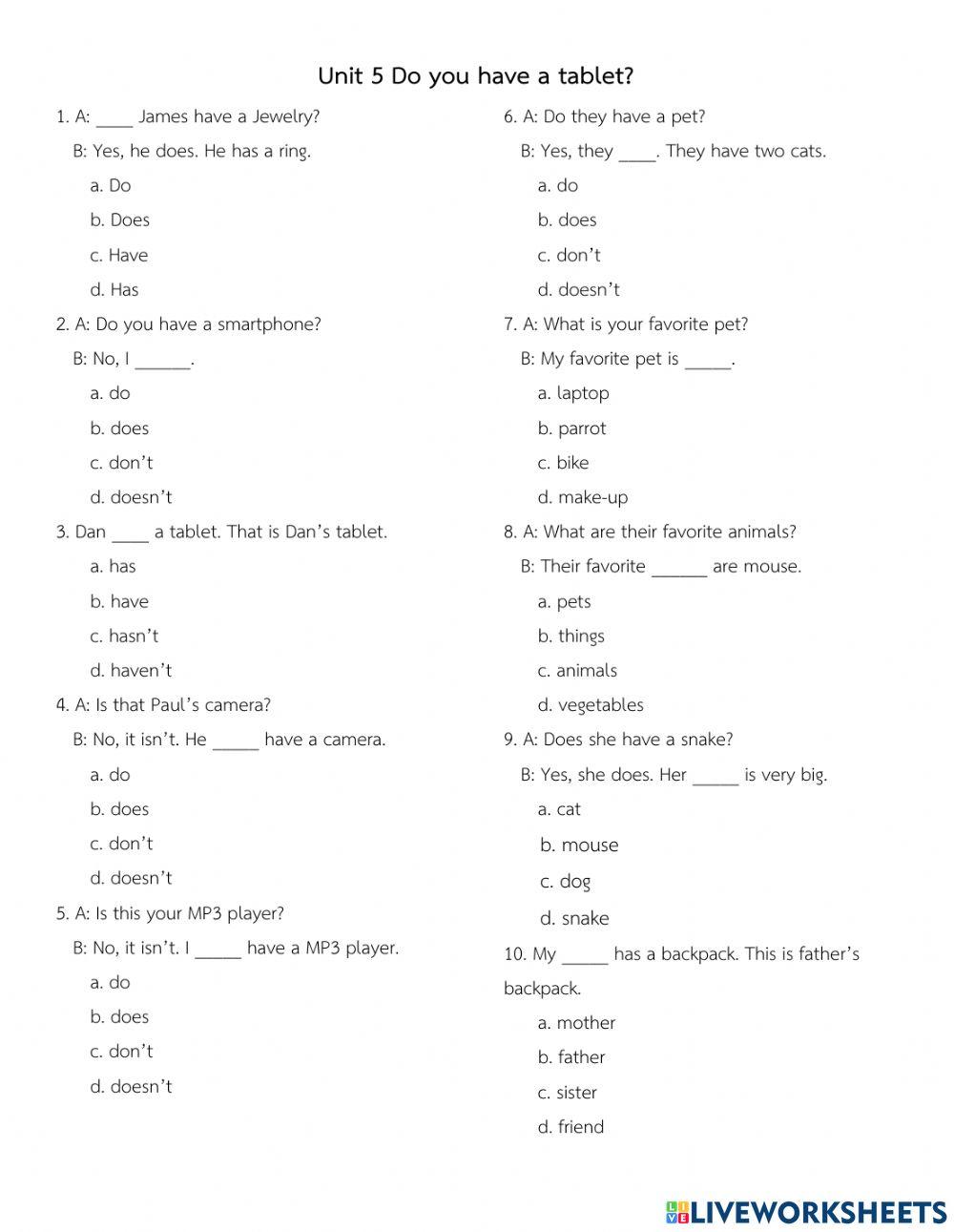 Unit 5 Do you have a tablet?