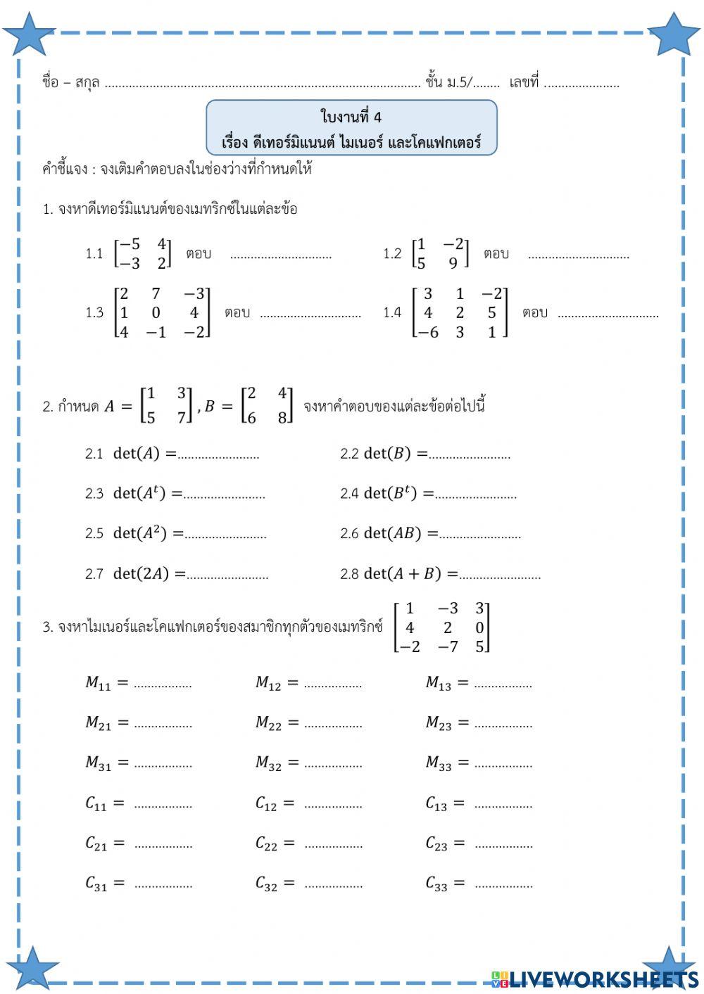 ใบงาน เมทริกซ์ 3