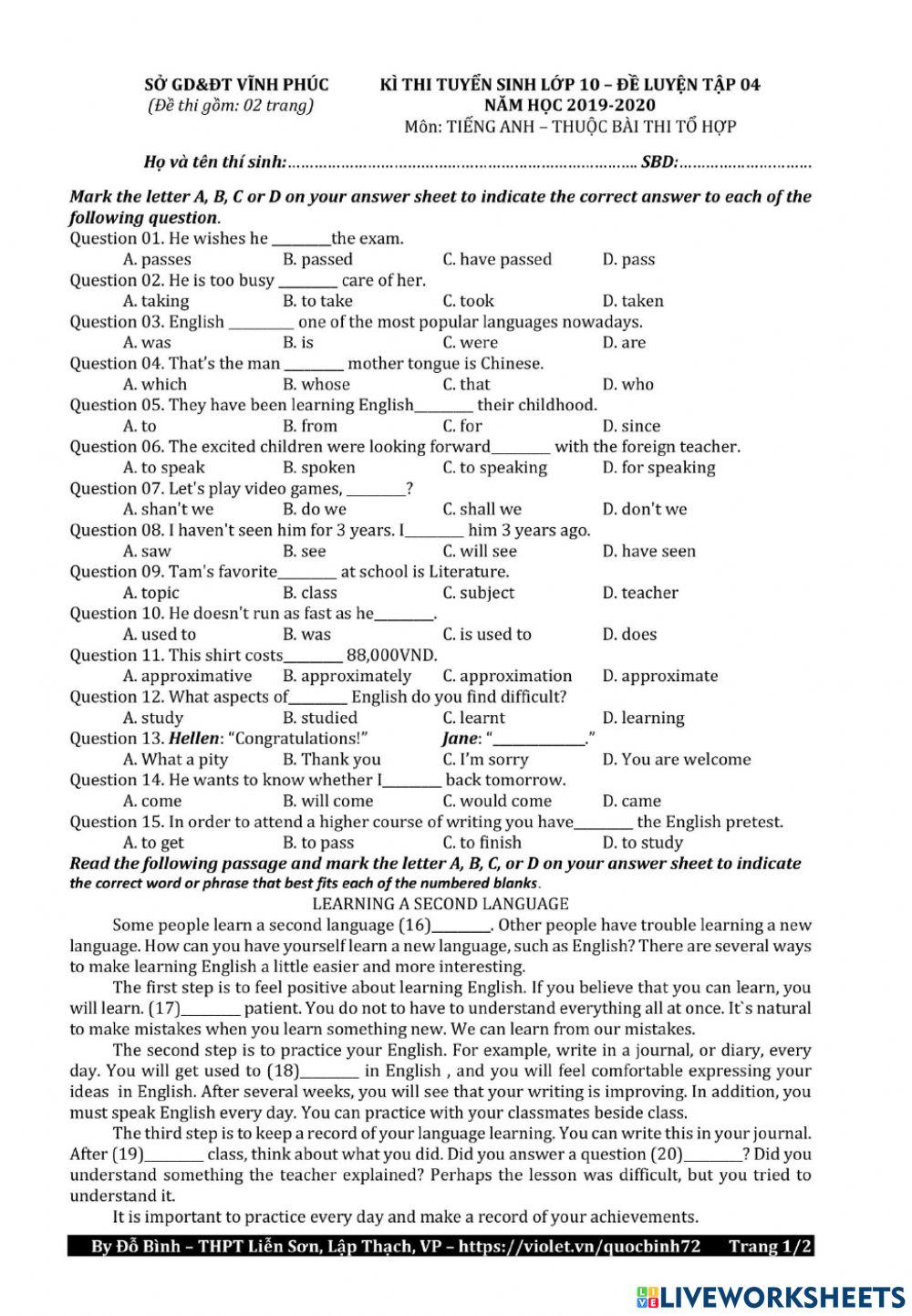 Grade 10 English Test With Answers Pdf Term 2