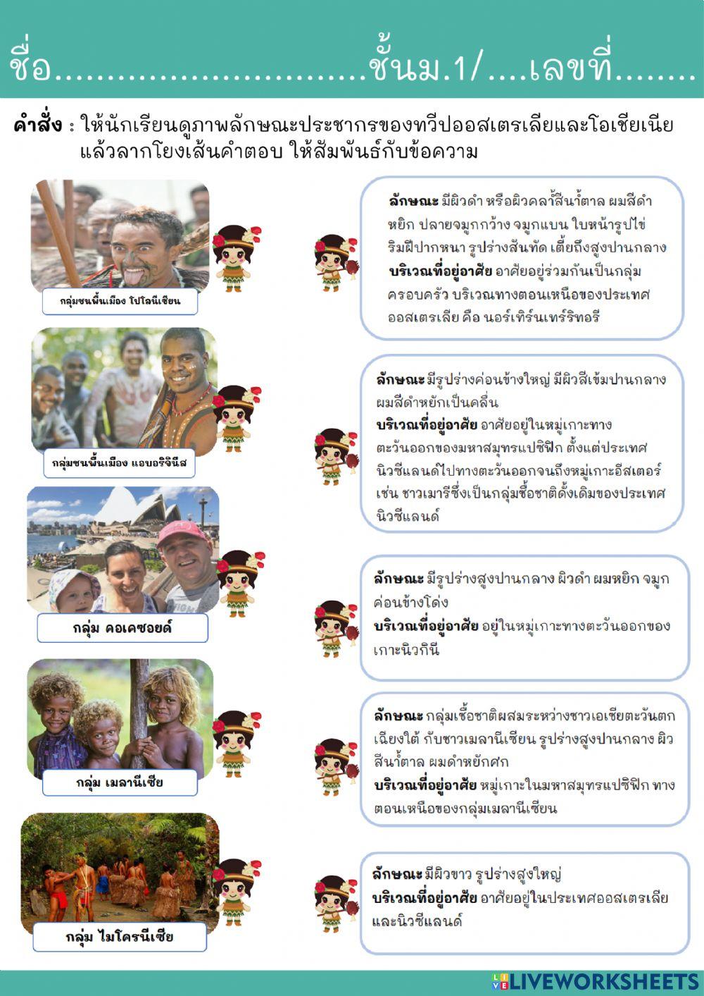 ใบงาน เรื่อง ประชากรลักษณะสังคม วัฒนธรรมทวีปออสเตรเลียและโอเชียเนีย