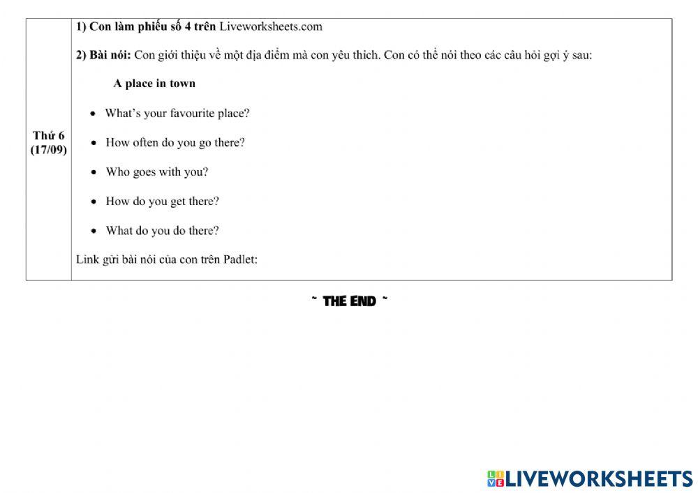 Phiếu giao bài môn Tiếng Anh tuần 3 tháng 9 -3A9