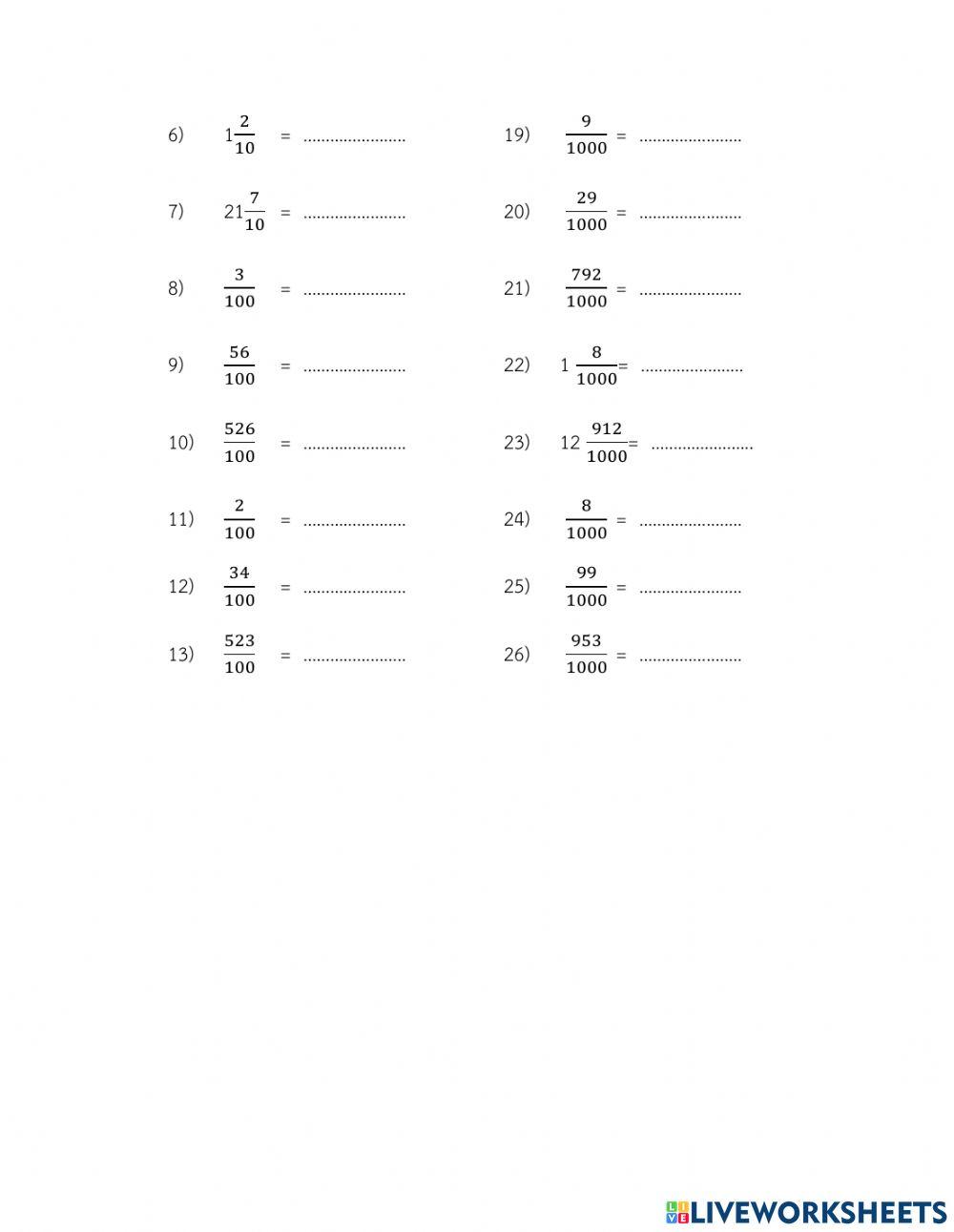 ใบงาน 1 การเขียนเศษส่วนในรูปทศนิยม