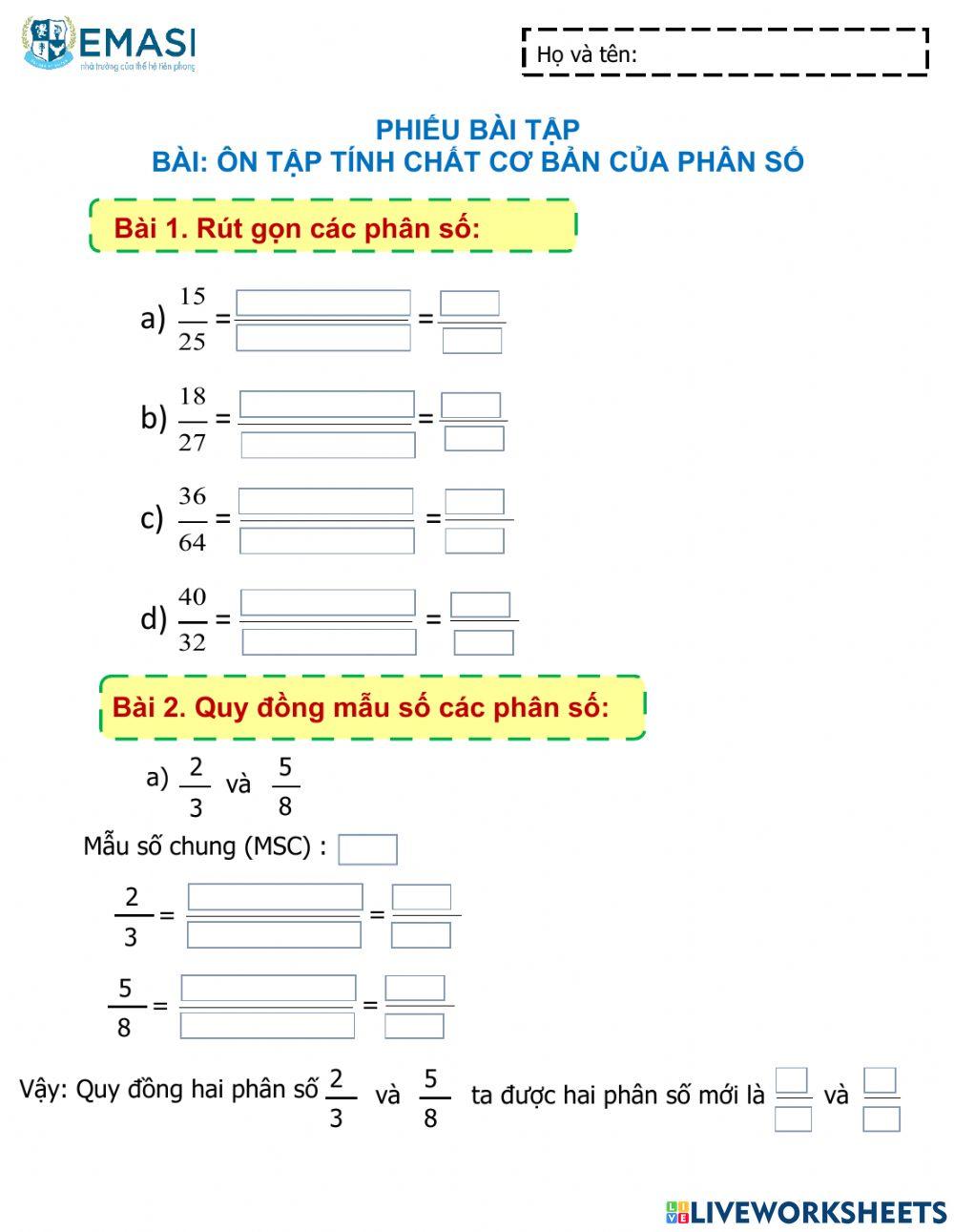 PBT Ôn tập tính chất cơ bản của phân số