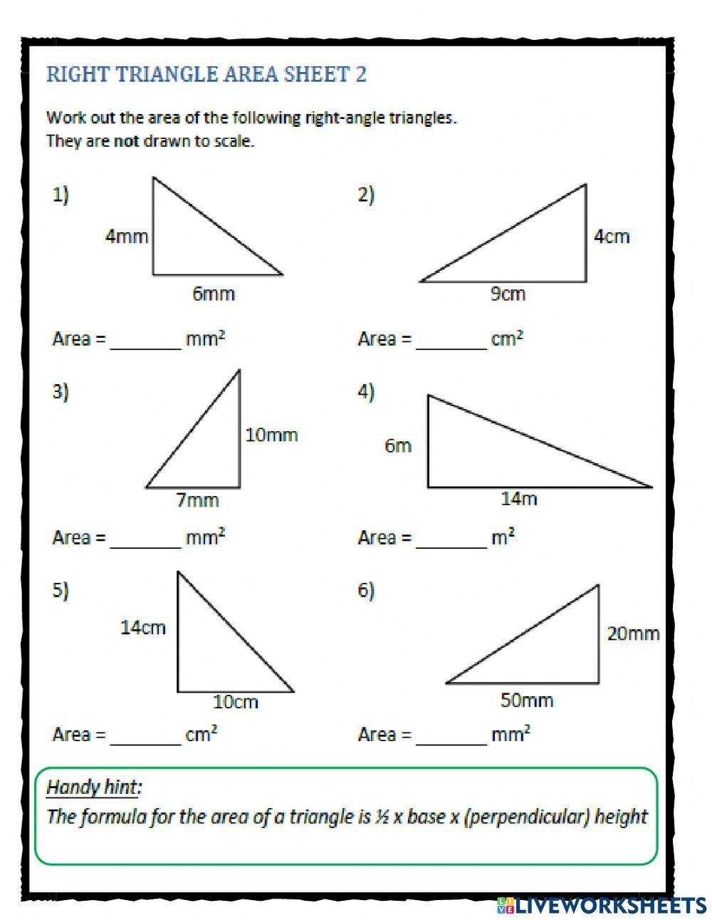 Area of Right Angle Triangle worksheet | Live Worksheets area-of-right-angle-triangle-worksheet-live-worksheets