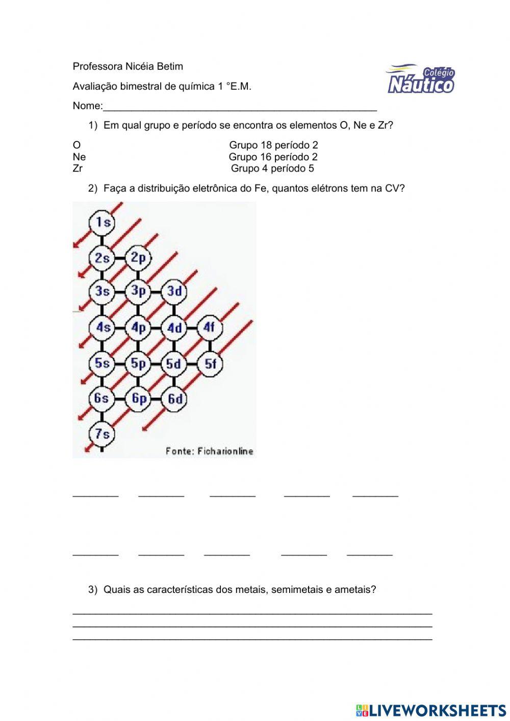 Avaiação química 1 bimestre