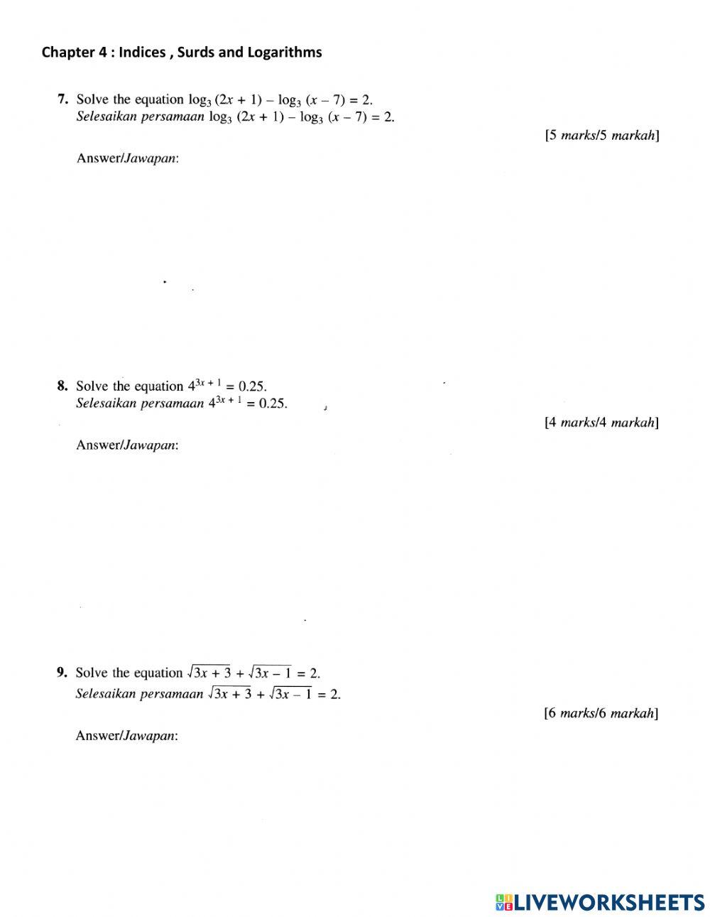 Chapter 4 indices surds and logarithms revision 2 online exercise