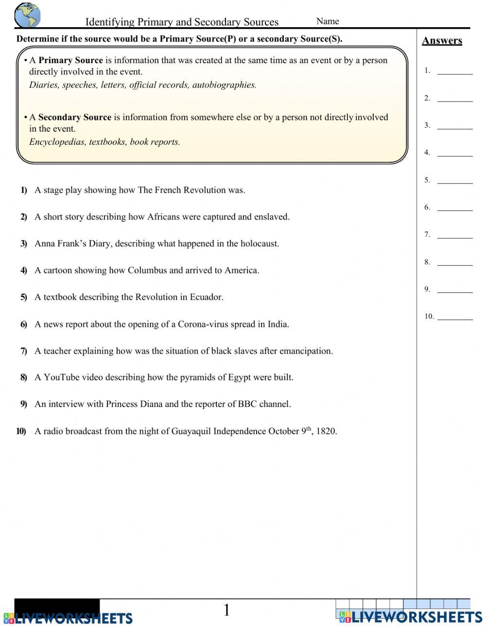 Primary and Secondary Sources online exercise for Live Worksheets