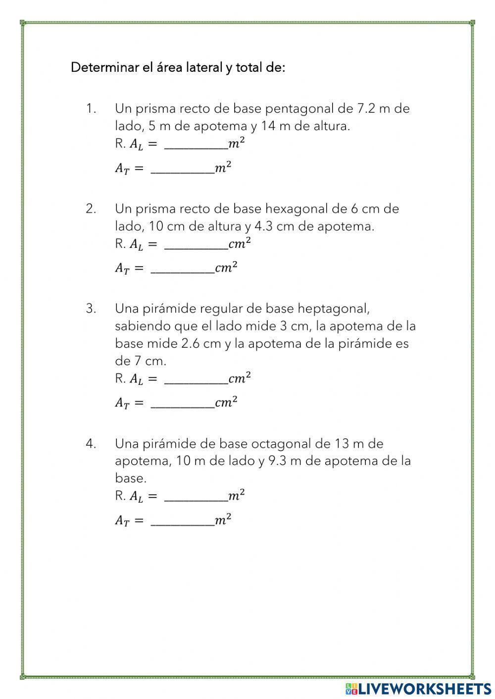 Solidos Geométricos (Poliedros y su área lateral y total)