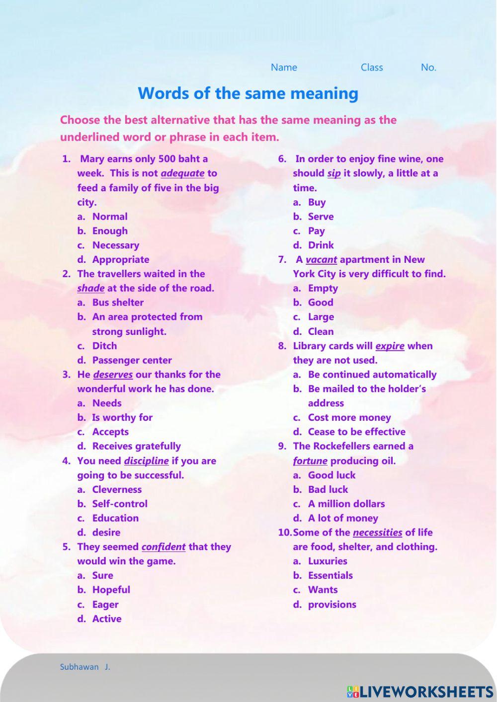 Words Of The Same Meaning Worksheet Live Worksheets Words Of The Same Meaning Worksheet Live Worksheets