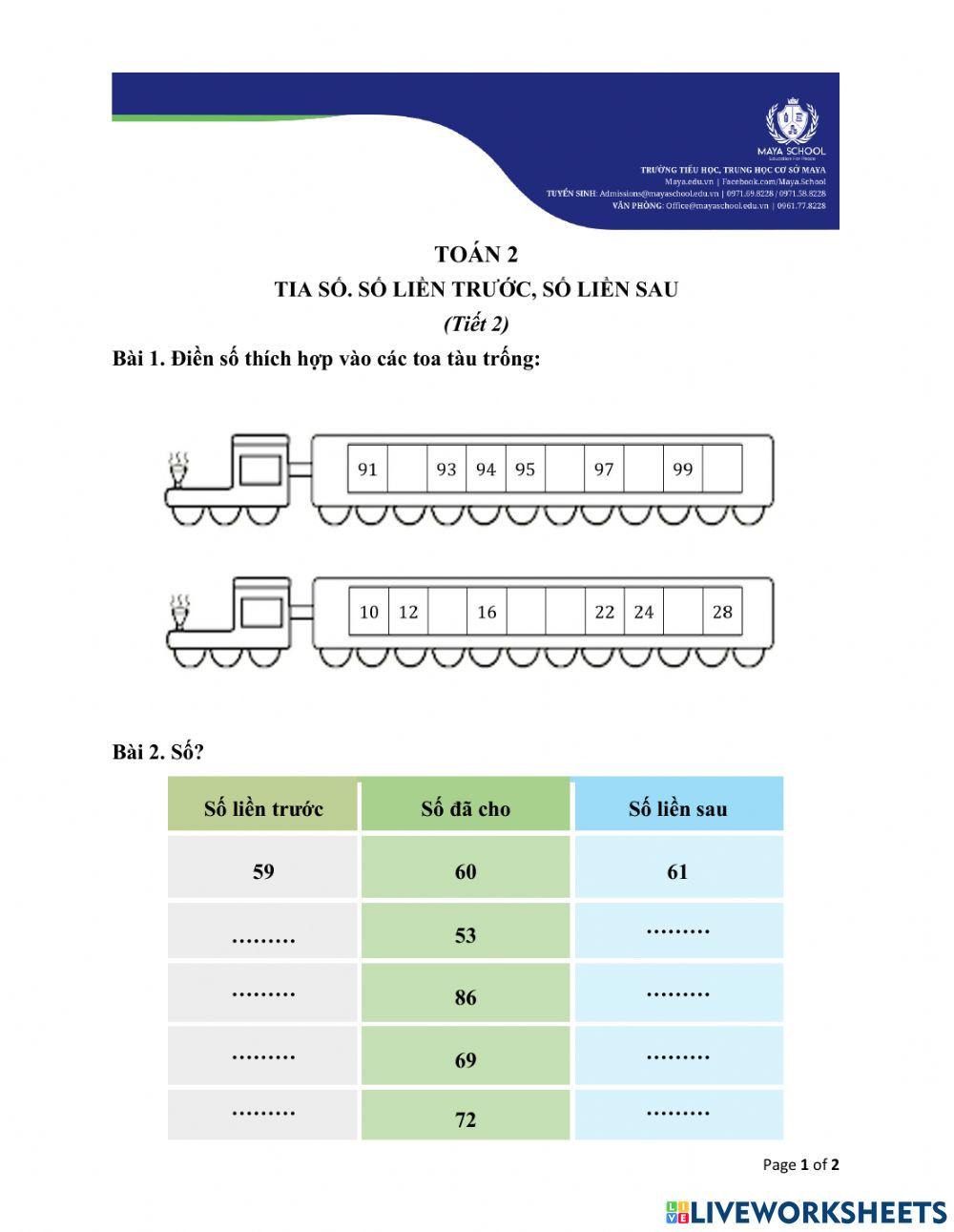 Tia số. Số liền trước, số liền sau (Tiết 2)