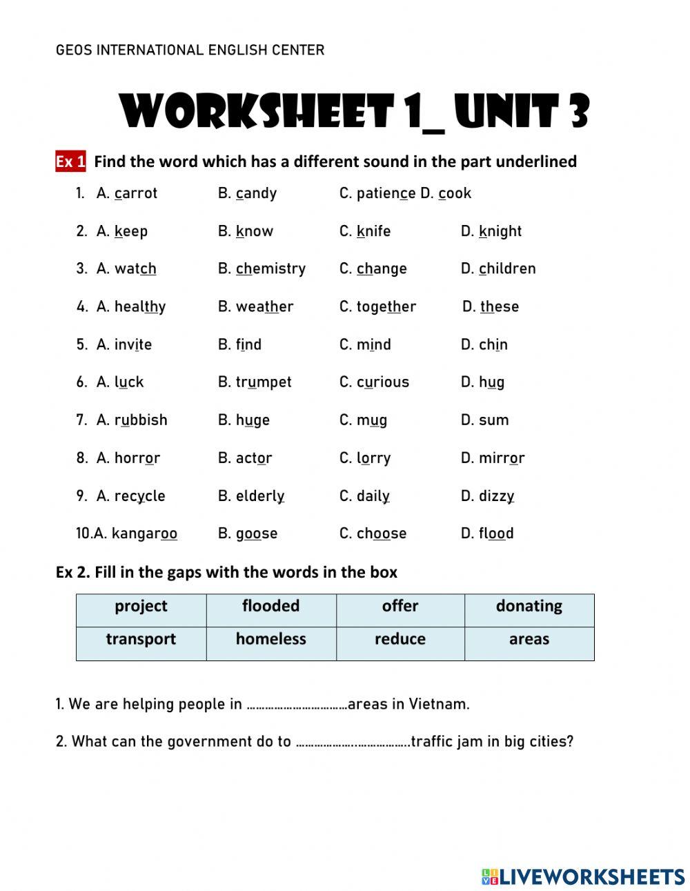 Worksheet 1-Unit 3-Grade 7