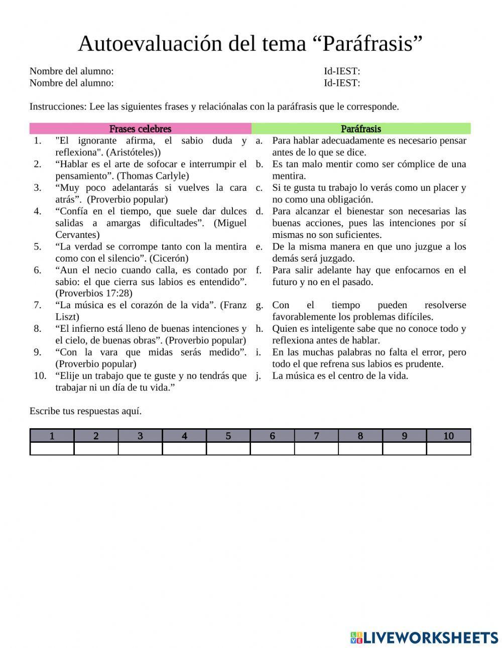 Autoevaluación de Paráfrasis