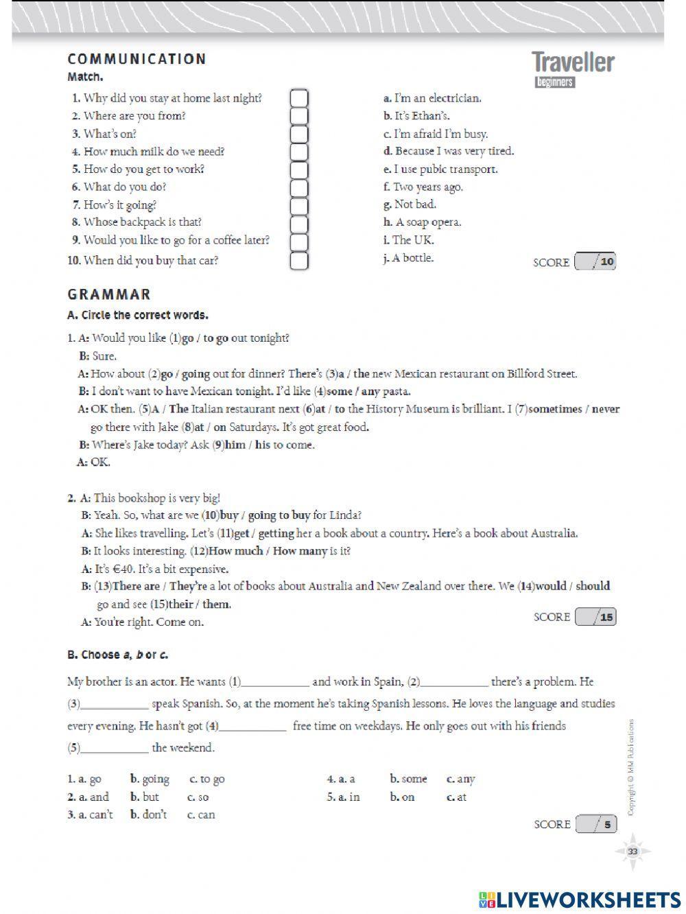Diagnostic (traveller beginners)