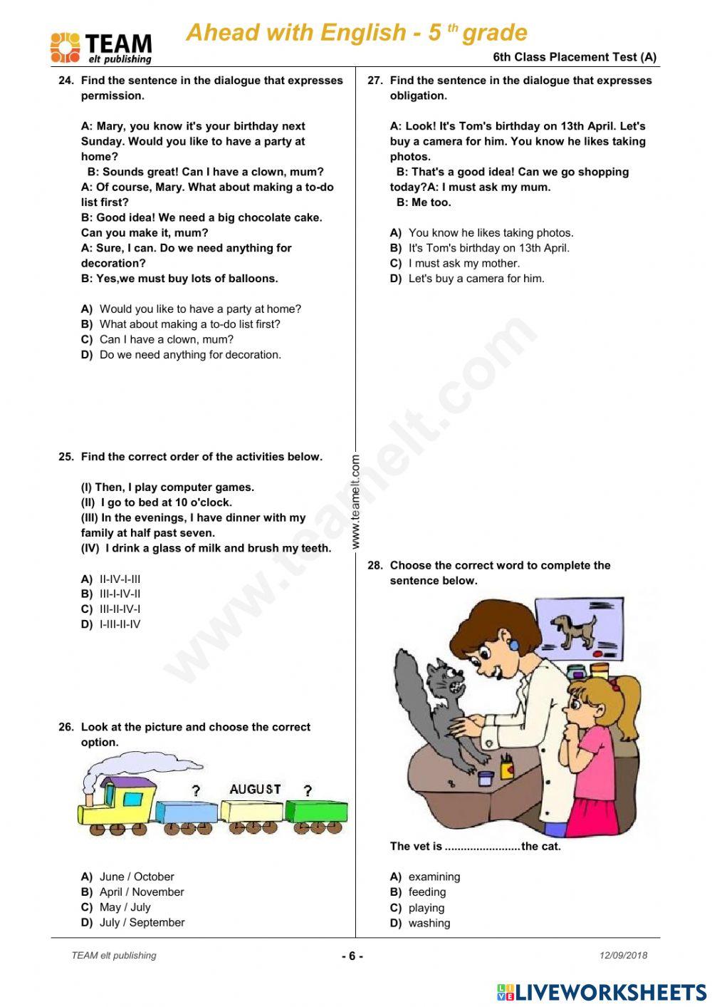 Placement test for 6th grade worksheet live worksheets
