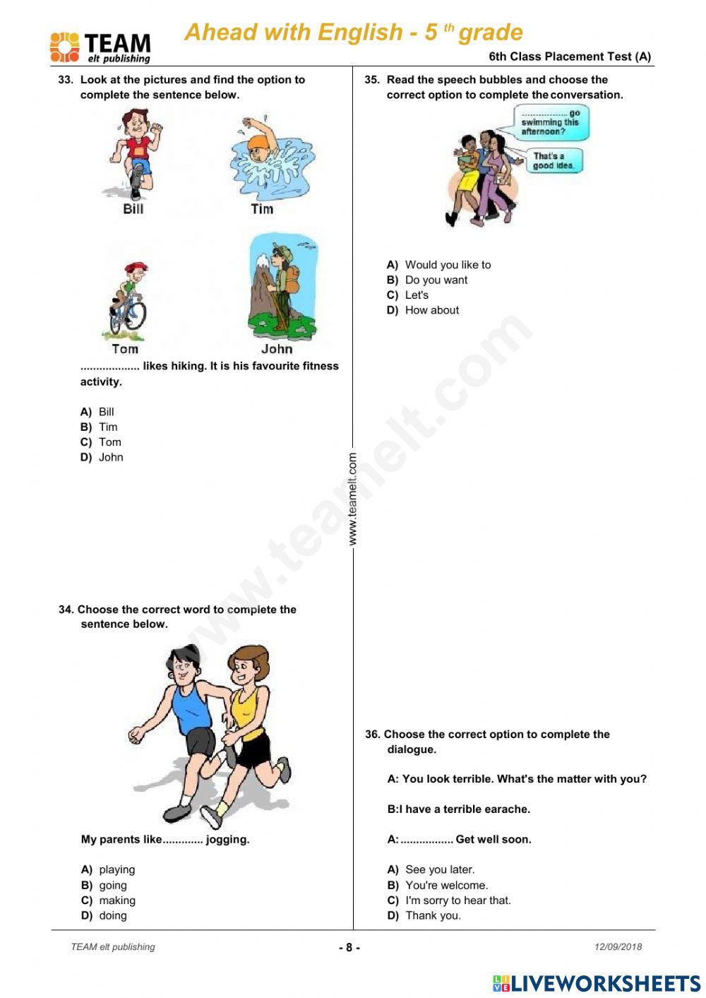 Placement test for 6th grade worksheet live worksheets