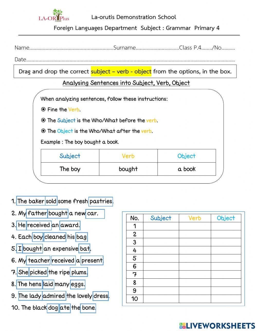 subject - verb - object online exercise for | Live Worksheets