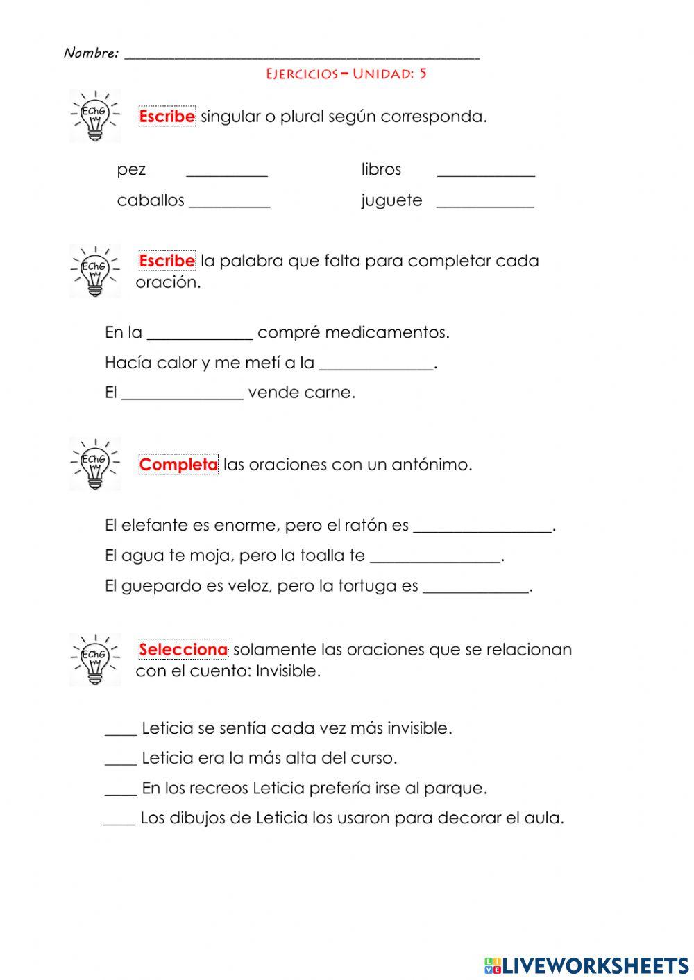 U5 Lenguaje El cuento Antónimos Palabras con ce - ci Singular y plural