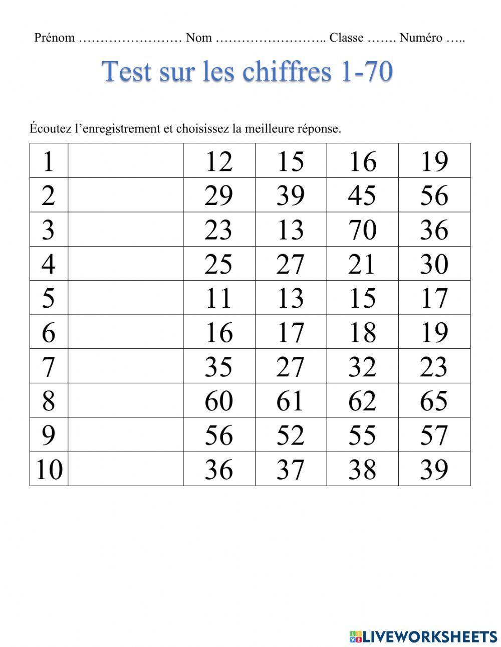 Les chiffres 1-70