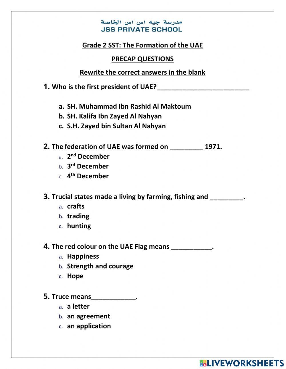 Grade 2 The Formation of the UAE - Precap Session online exercise for